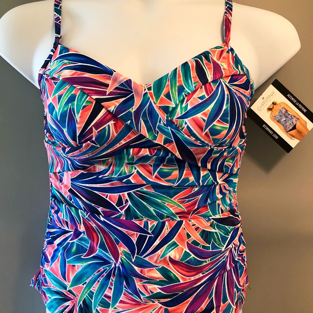 NWT Christina Tankini Top in pink, blue, green, purple leaf design. Size:8 + 12.